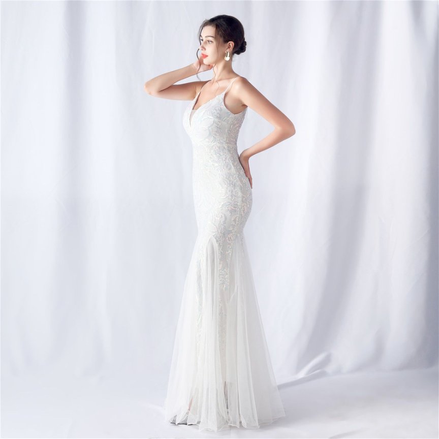 Spaghetti Sequins White Gown with Tulle Skirt Evening Gown (Made To Order)