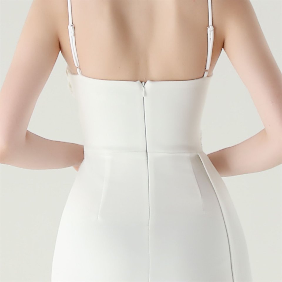 Spaghetti Pleated Waist Evening Gown (White) (Made To Order)