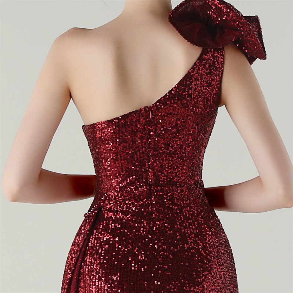 Gorgeous One Side Shoulder Pleated Sequins Evening Gown (Red) (Made To Order)