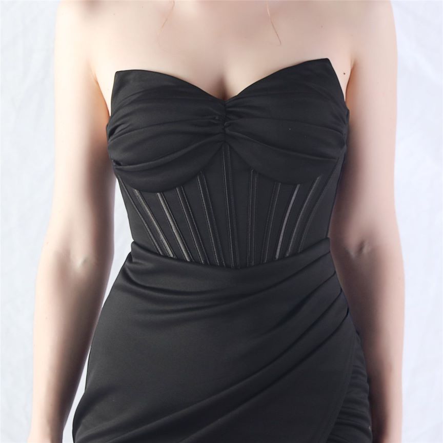 Strapless Corset Overlap Slit Evening Gown (Black) (Made To Order)
