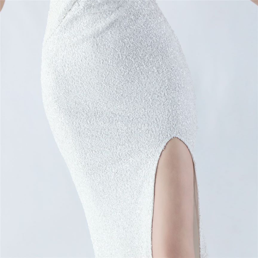 Spaghetti Padded Sequins Slit Gown (White) (Made To Order)