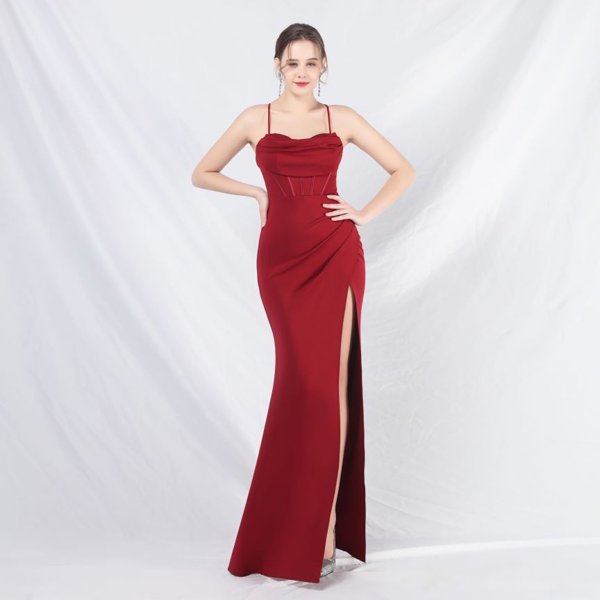 Spaghetti Back Cross Overlap Slit Evening Gown (Made To Order) (Maroon)