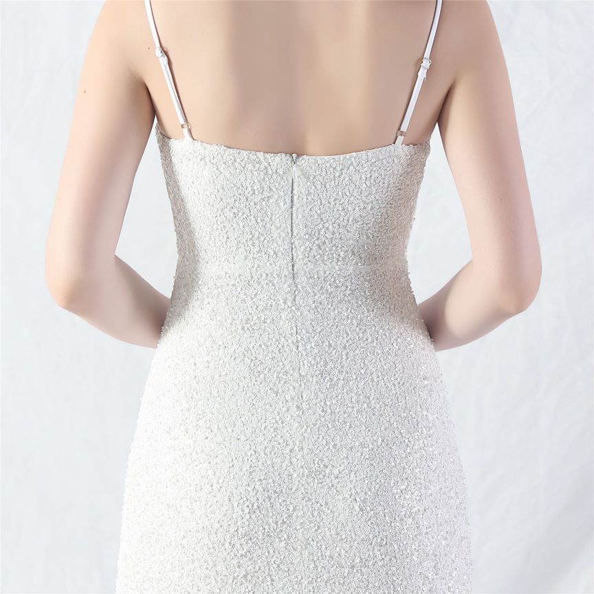 Elegant Stretch Spaghetti Sequins A-Line Evening Gown (White) (Made To Order)