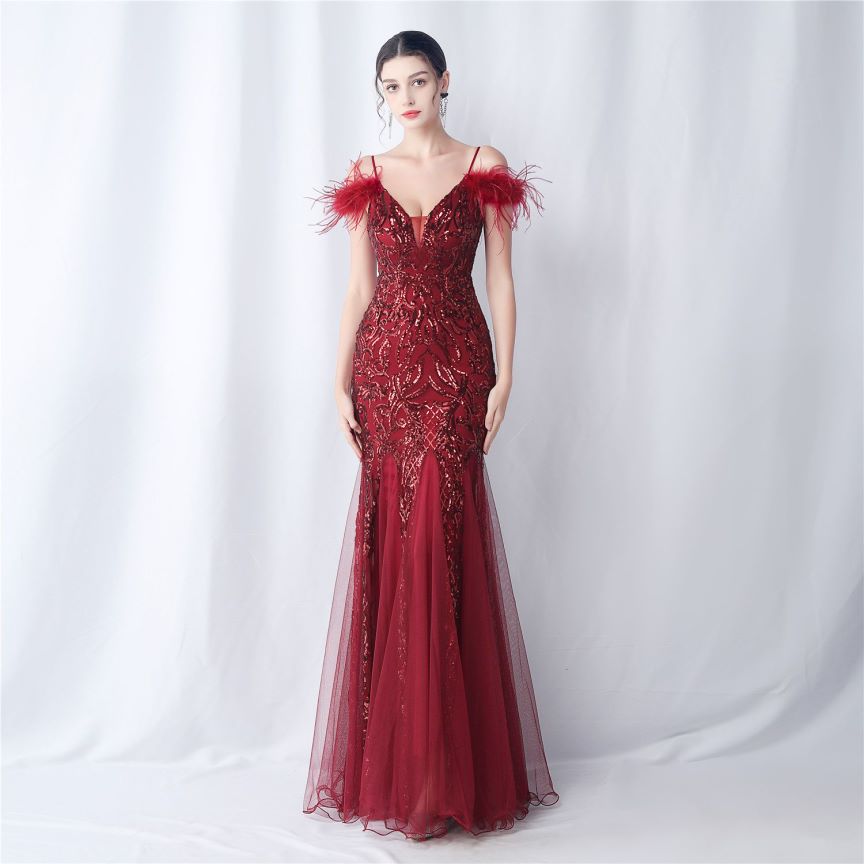 Cold Shoulder Feather Sequins Evening Gown (Burgundy) (Made To Order)