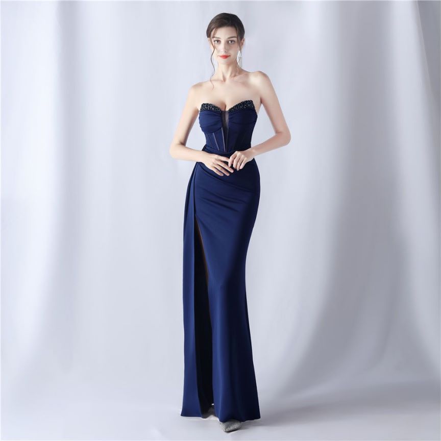 Strapless Sexy Corset With Side Split Evening Gown (Navy Blue) (Made To Order)