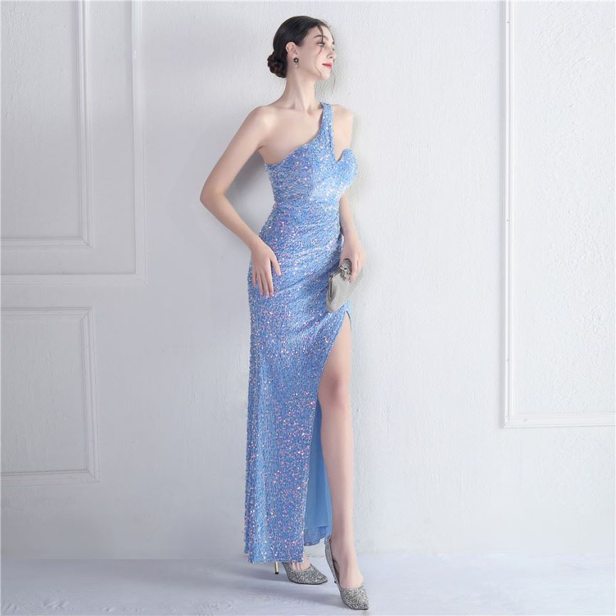 One Side Shoulder Sequins with Overlap Slit Evening Gowns (Sky Blue) (Made To Order)