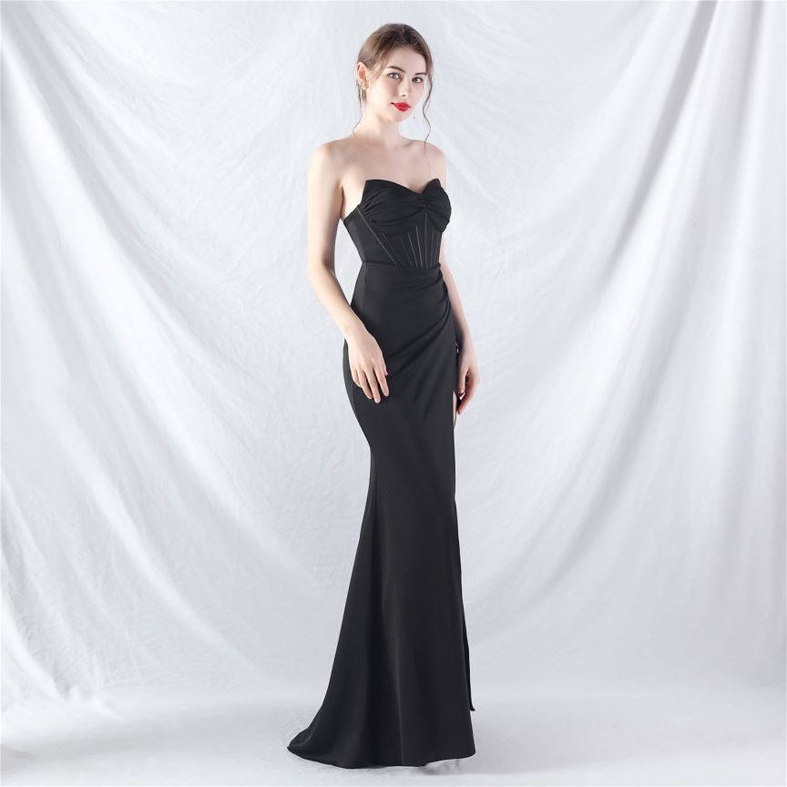 Strapless Corset Overlap Slit Evening Gown (Black) (Made To Order)