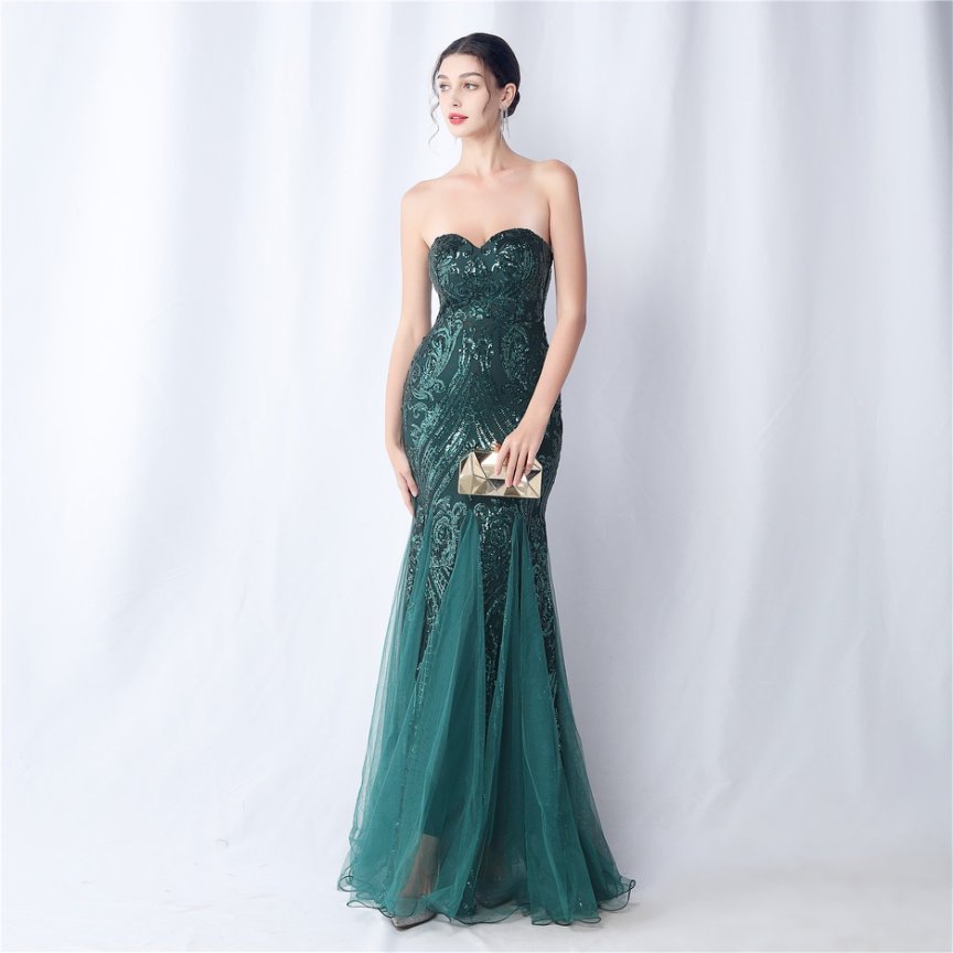 Strapless Sequins Frills Evening Gown (Green) (Made To Order)
