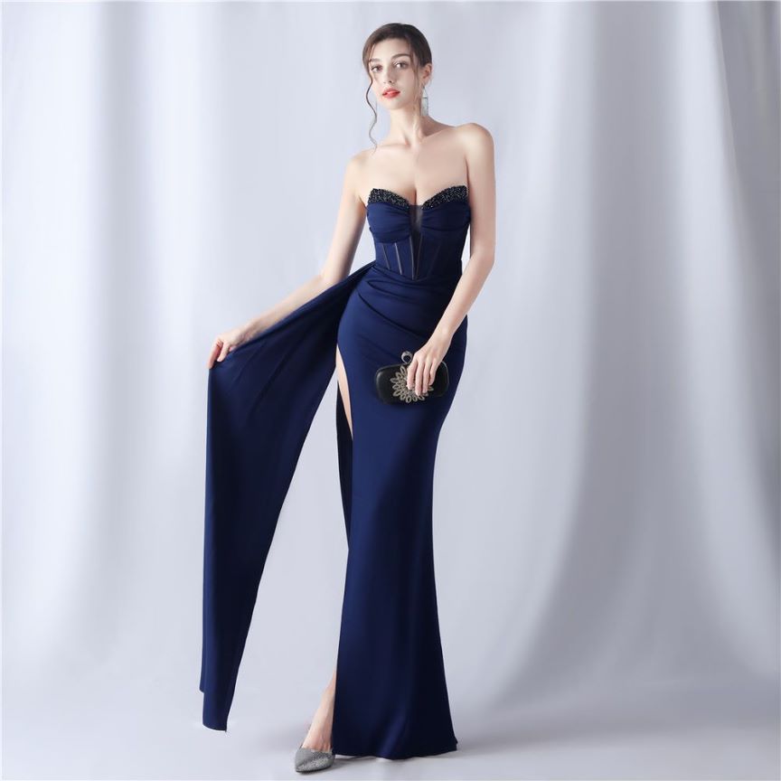 Strapless Sexy Corset With Side Split Evening Gown (Navy Blue) (Made To Order)