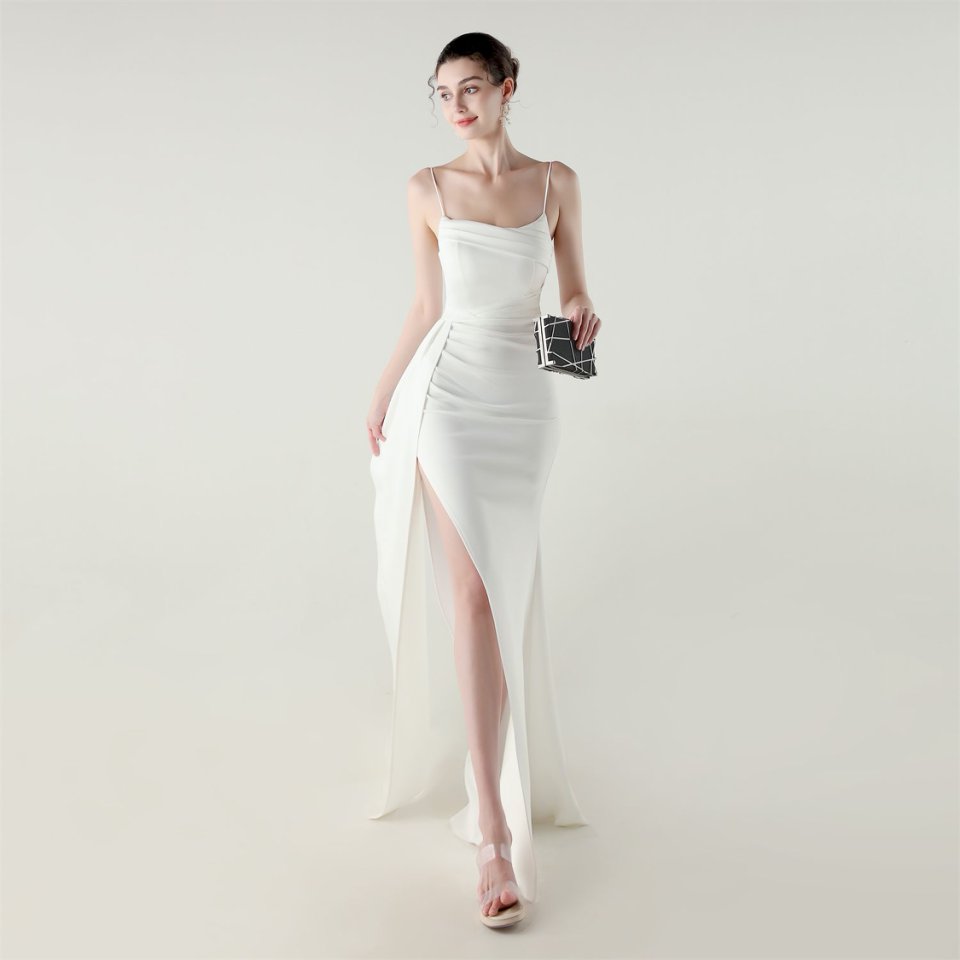 Spaghetti Pleated Waist Evening Gown (White) (Made To Order)