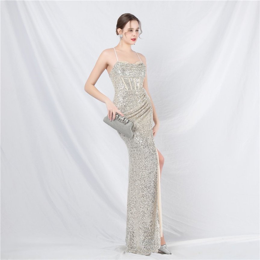 Sequins Back Cross with Overlap Slit Evening Gown (Silver) (Made To Order)