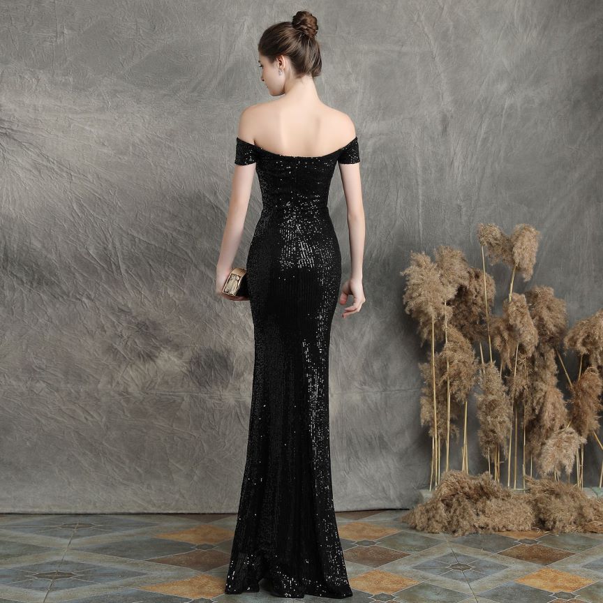 Off Shoulder Sequins With High Slit Evening Gown (Black) (Made To Order)