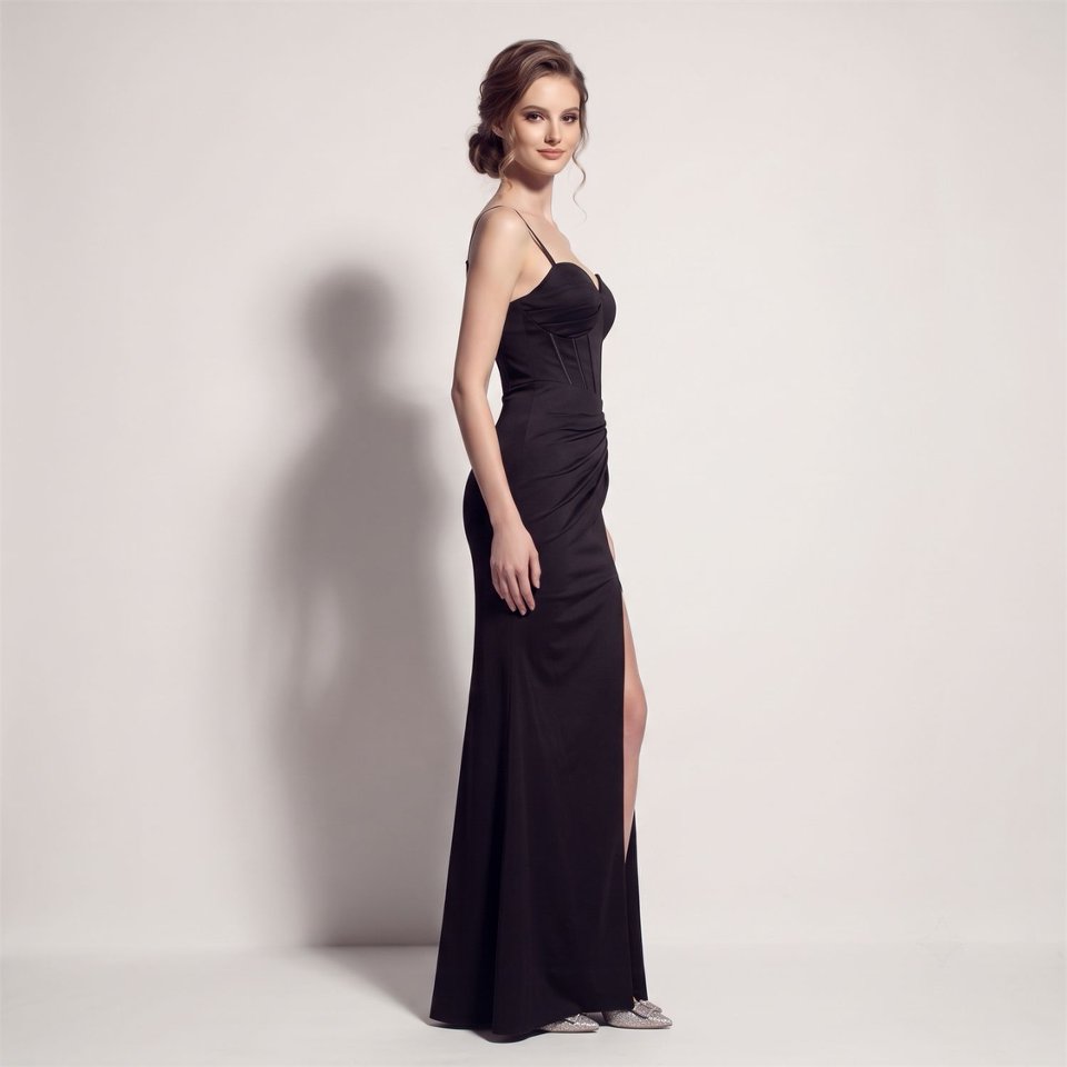 Spaghetti Ruched Corset Slit Evening Gown (Black) (Made To Order)