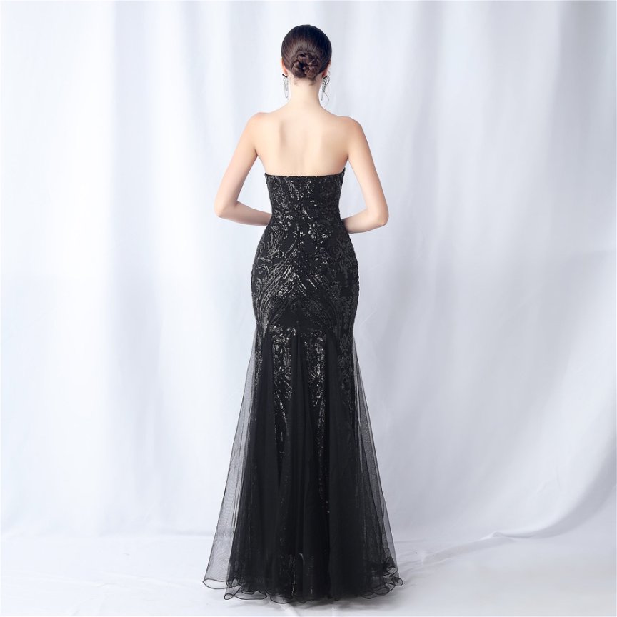 Strapless Sequins Frills Evening Gown (Black) (Made To Order)