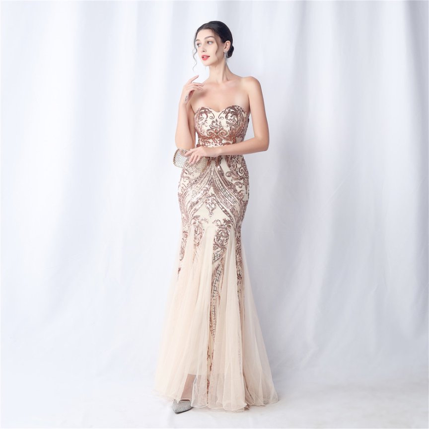 Strapless Sequins Frills Evening Gown (Rose Gold) (Made To Order)