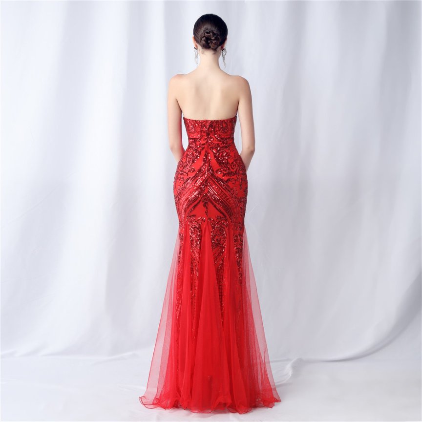 Strapless Sequins Frills Evening Gown (Red) (Made To Order)