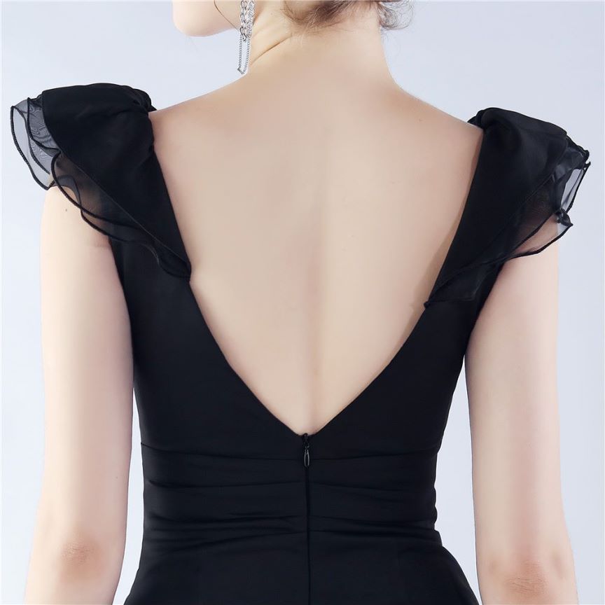 Ruffles Shoulder With Low Back Fitted Evening Gown (Black) (Made To Order)