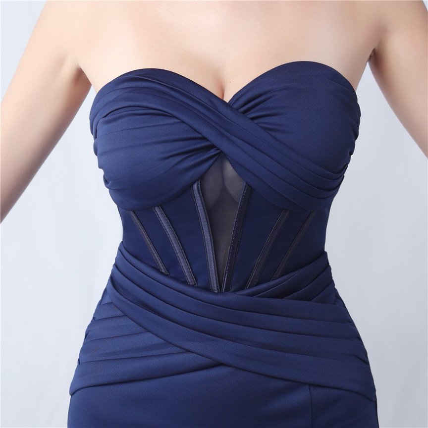 Strapless Solid Sexy Evening Gown (Navy Blue) (Made To Order)
