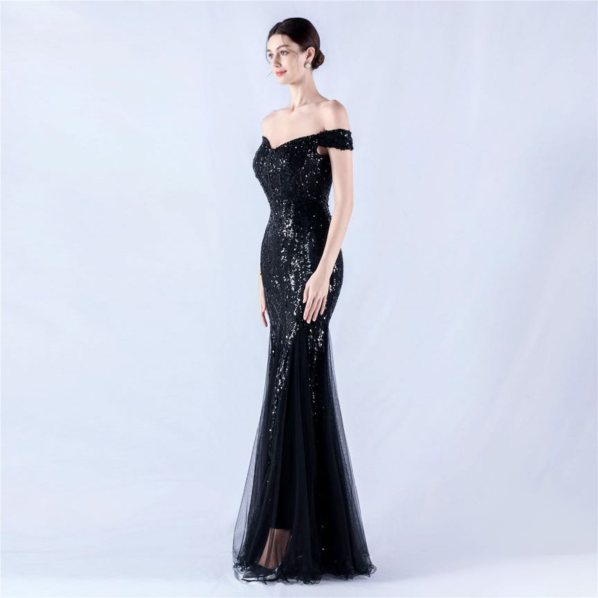 Off Shoulder Sequins Tulle Evening Gown (Black) (Made To Order)