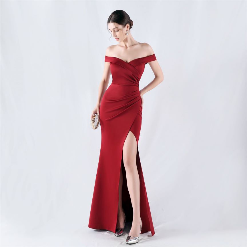 Pleated Off Shoulder Slim Evening Dress (Burgundy) (Made To Order)