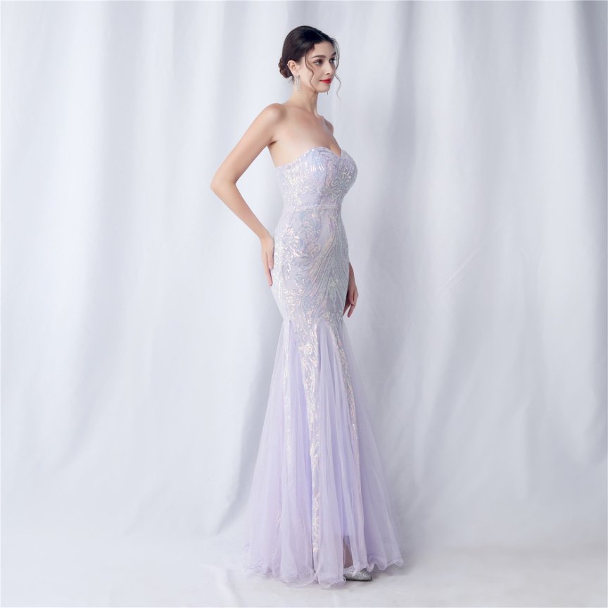 Strapless Sequins Frills Evening Gown (Lavender) (Made To Order)
