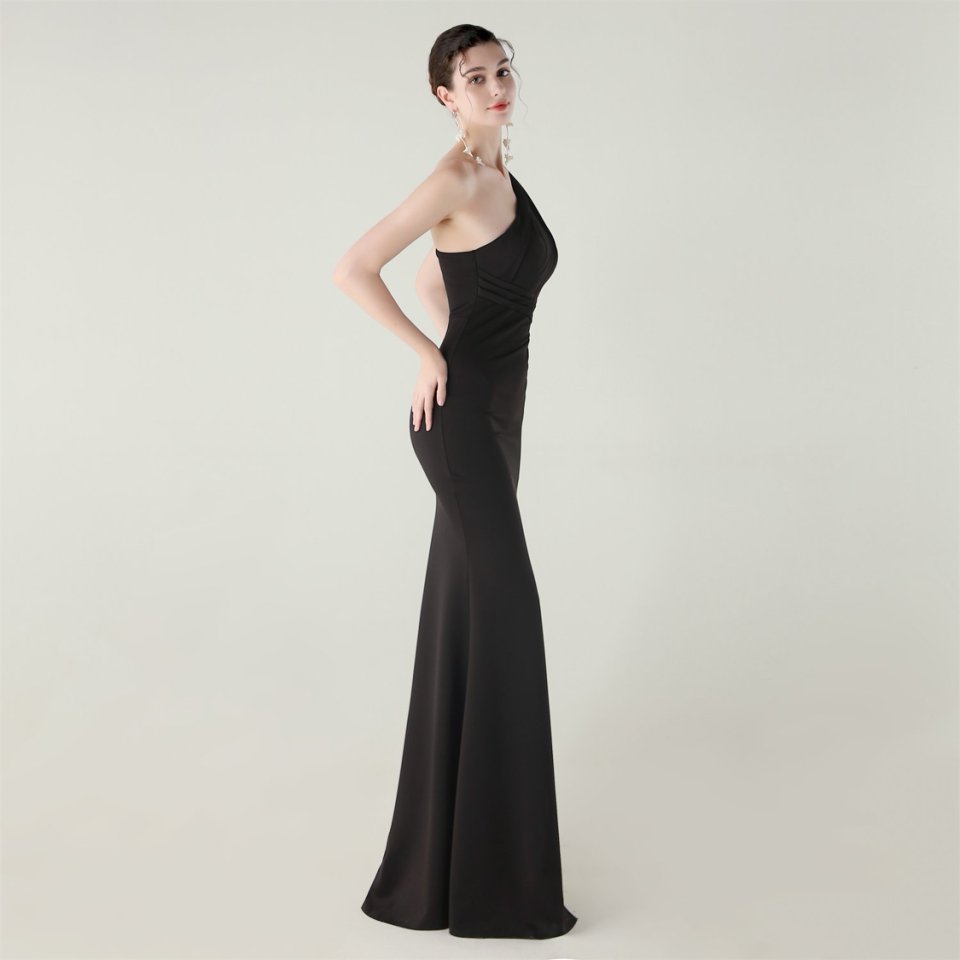 One Side Shoulder Pleated Evening Gown (Black) (Made To Order)