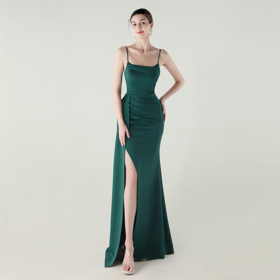Spaghetti Pleated Waist Evening Gown (Green) (Made To Order)