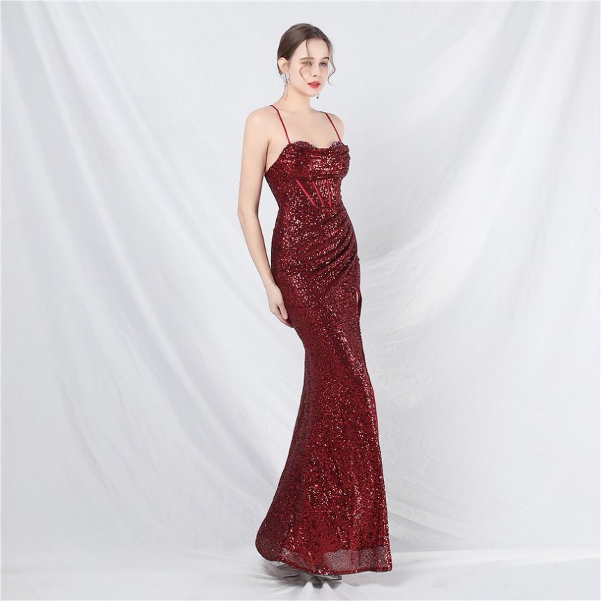 Sequins Back Cross with Overlap Slit Evening Gown (Maroon) (Made To Order)