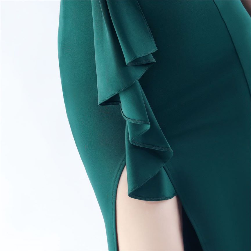 Off Shoulder Ruffles With Split Slit Evening Gown (Green) (Made To Order)