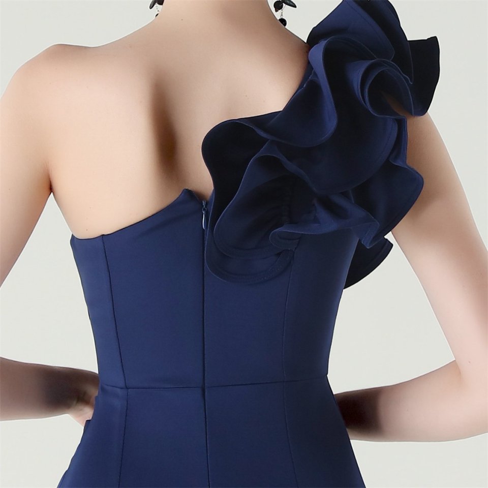 Gorgeous One Side Shoulder Fitting Evening Gown (Navy Blue) (Made To Order)