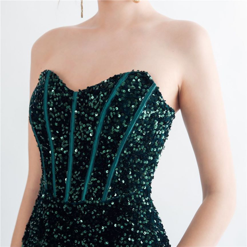 Strapless Corset Sequins with High Slit (Green) (Made To Order)