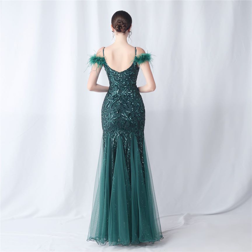 Cold Shoulder Feather Sequins Evening Gown (Green) (Made To Order)