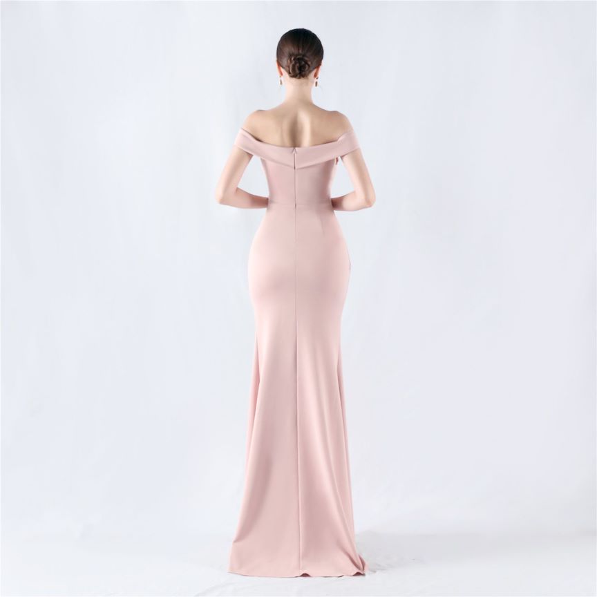 Pleated Off Shoulder Slim Evening Dress (Pink) (Made To Order)