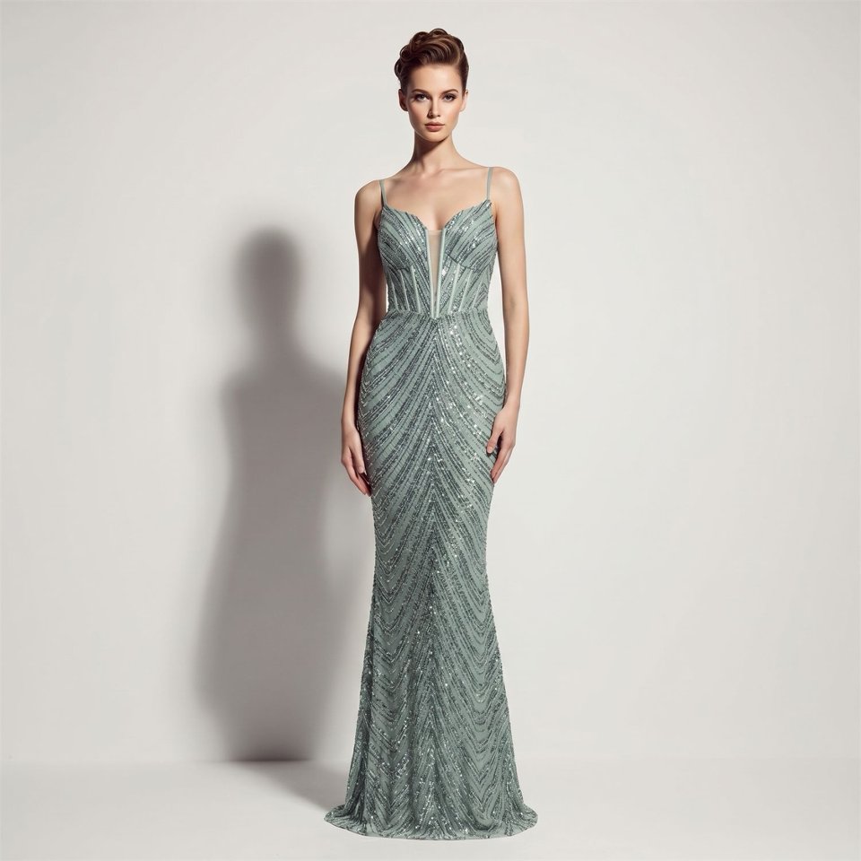 Deep V-Neck Sequin Evening Dress (Lake) (Made To Order)