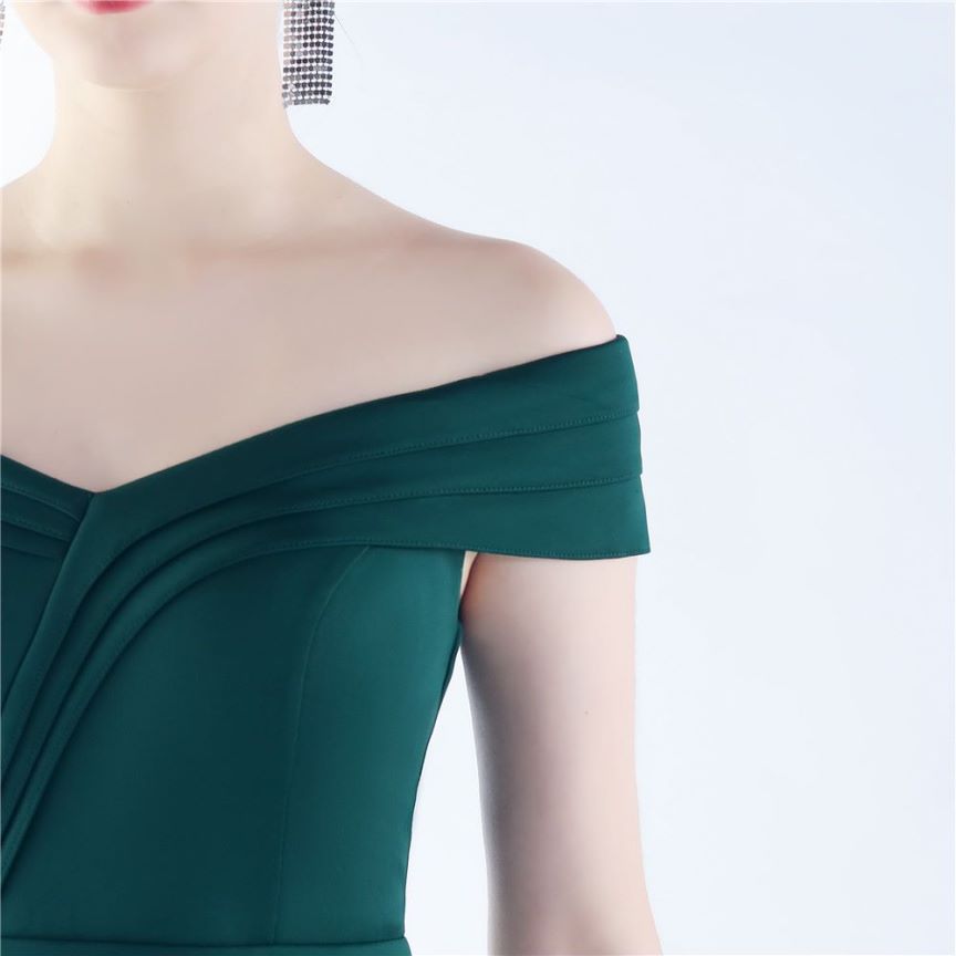 Off Shoulder Ruffles With Split Slit Evening Gown (Green) (Made To Order)