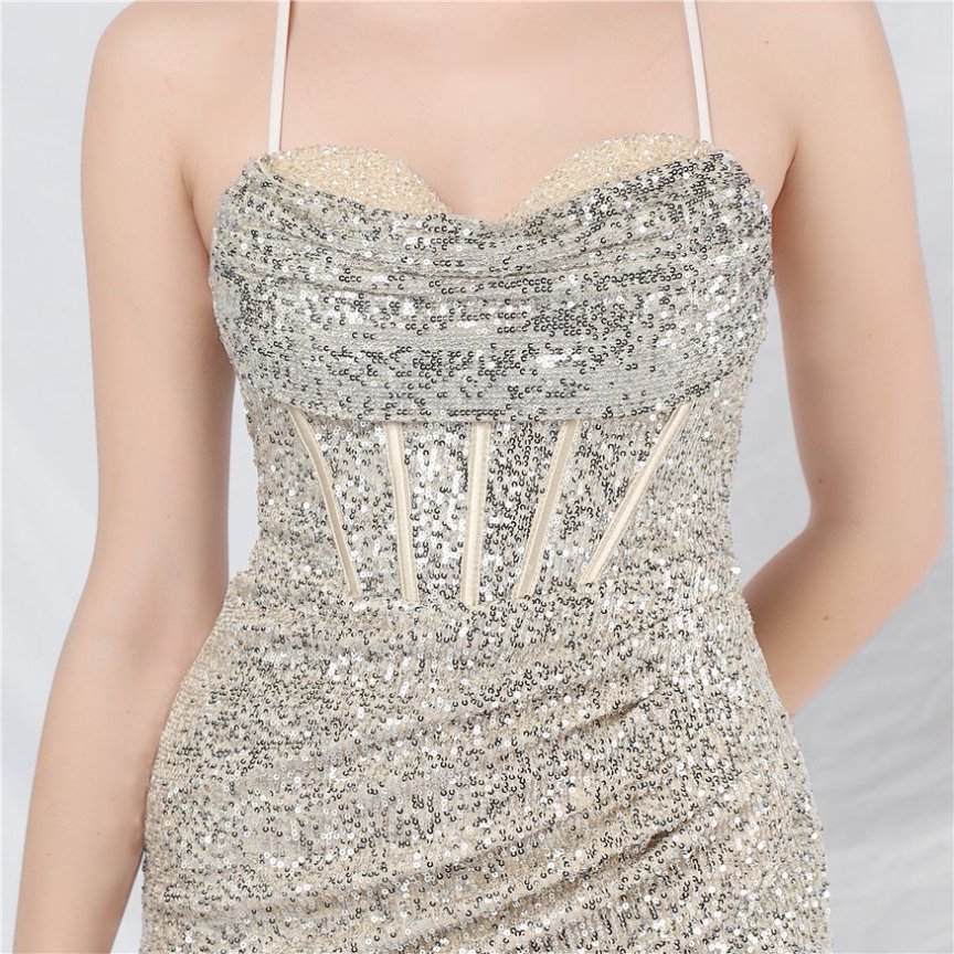 Sequins Back Cross with Overlap Slit Evening Gown (Silver) (Made To Order)
