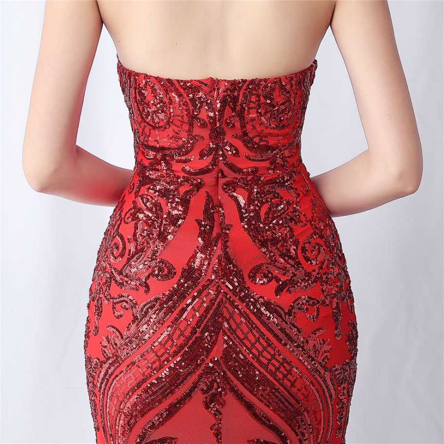 Strapless Sequins Frills Evening Gown (Red) (Made To Order)