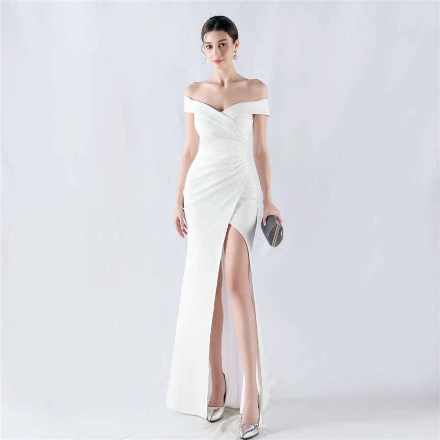 Pleated Off Shoulder Slim Evening Dress (White) (Made To Order)