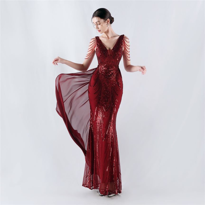 Elegant Crystal Beads Sequins Mermaid Cape Skirt Gown (Burgundy) (Made To Order)