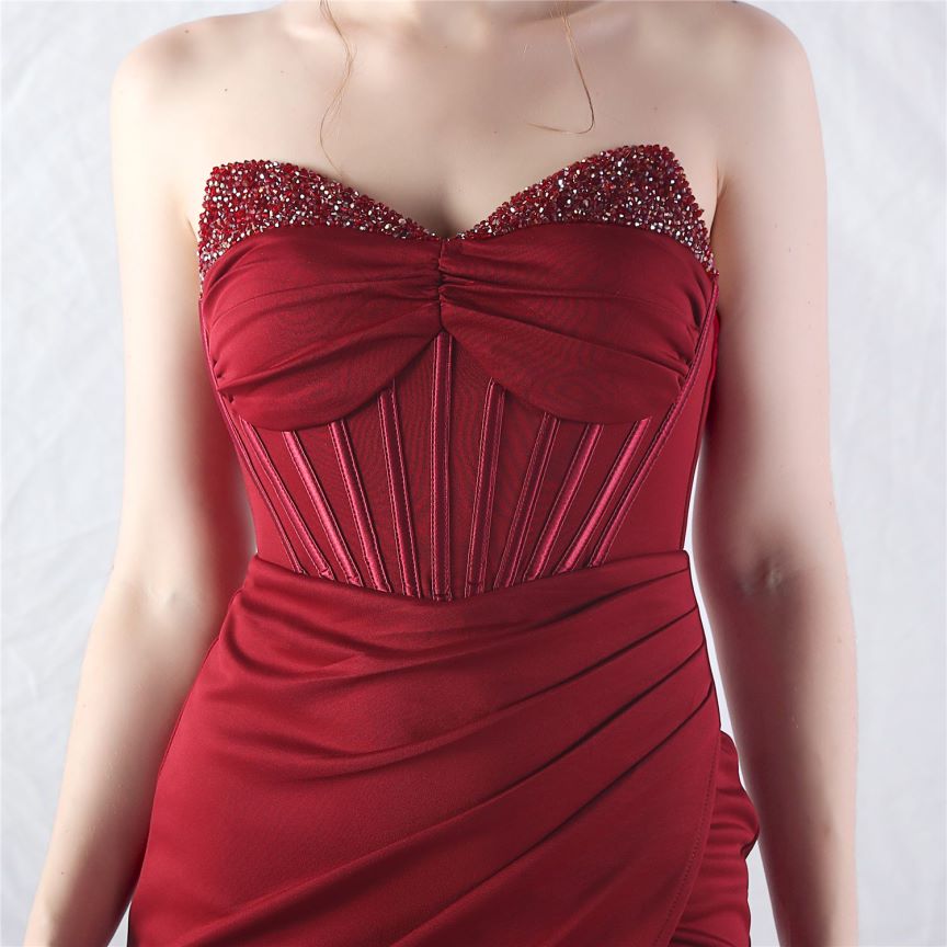 Strapless Crystal Beads Corset Overlap Slit Evening Gown (Burgundy) (Made To Order)