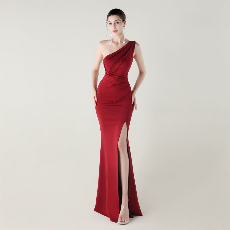 One Side Shoulder Pleated Evening Gown (Maroon) (Made To Order)