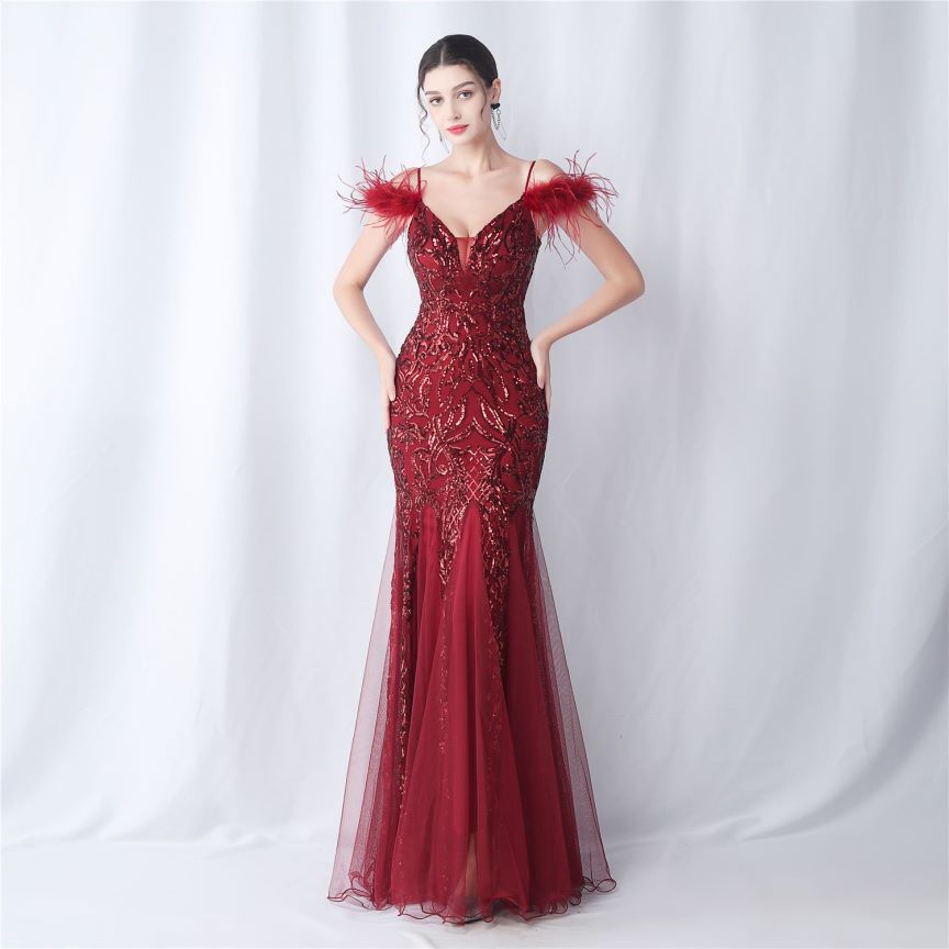 Cold Shoulder Feather Sequins Evening Gown (Burgundy) (Made To Order)