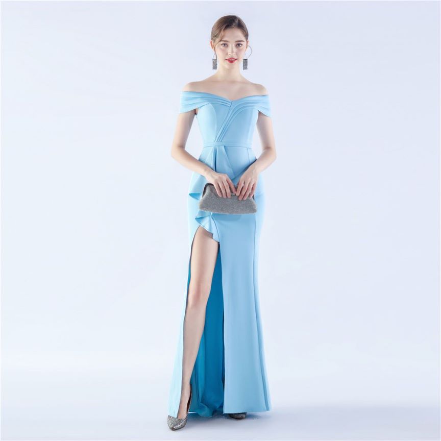 Off Shoulder Ruffles With Split Slit Evening Gown (Baby Blue) (Made To Order)