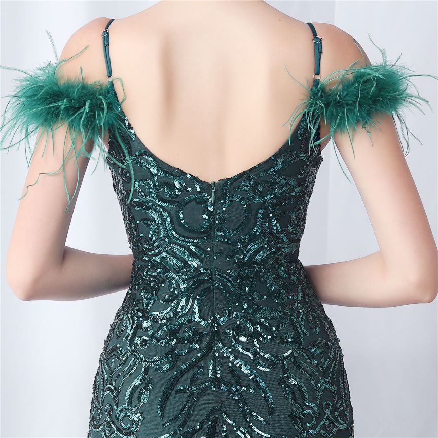 Cold Shoulder Feather Sequins Evening Gown (Green) (Made To Order)
