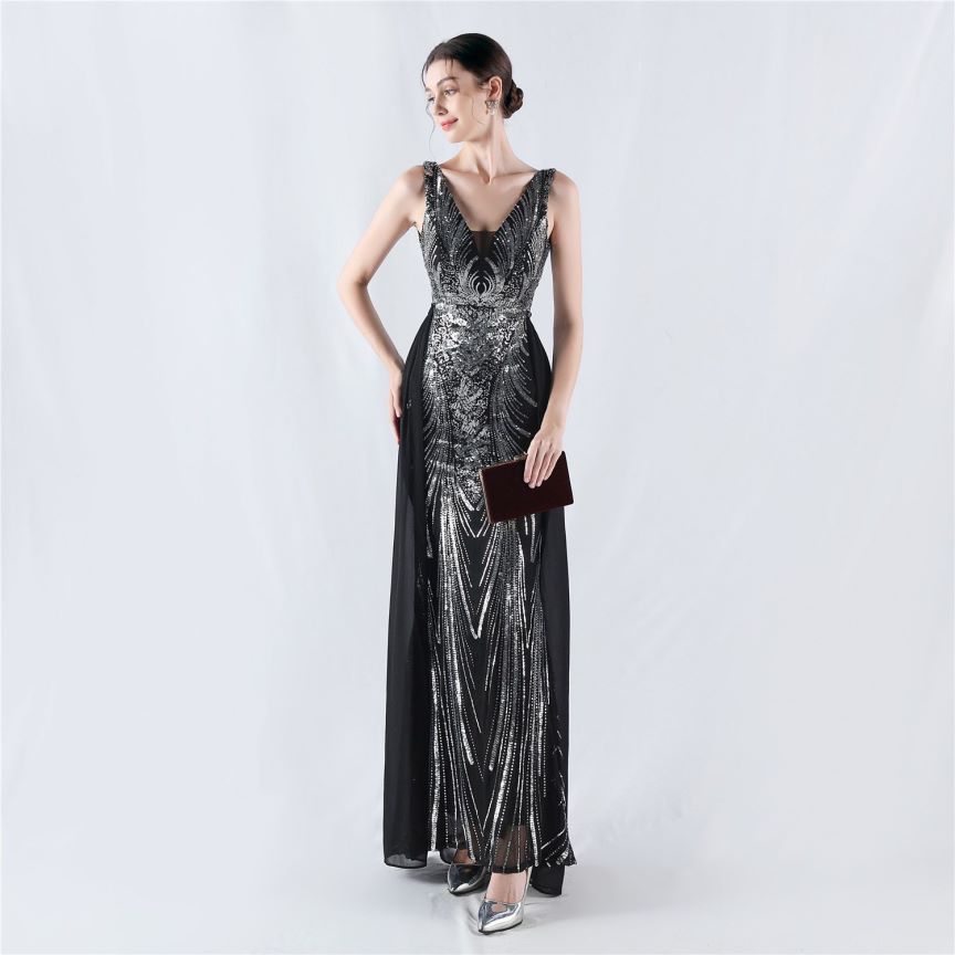 Gorgeous Back Crystal Beads Sequins Mermaid Cape Skirt Gown (Black Silver) (Made To Order)