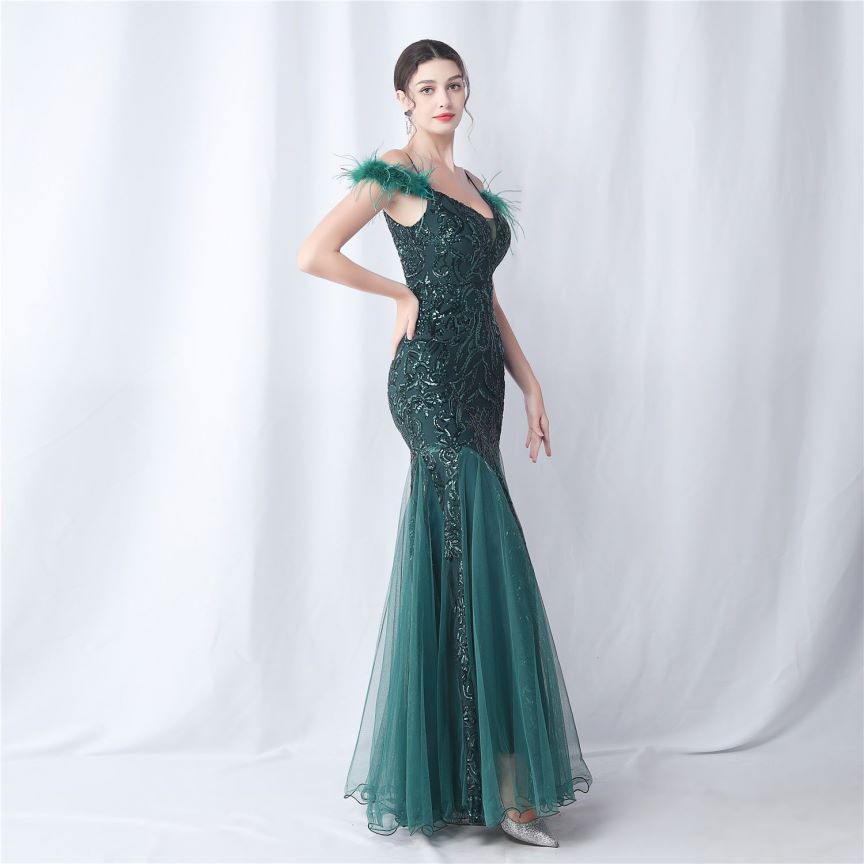 Cold Shoulder Feather Sequins Evening Gown (Green) (Made To Order)