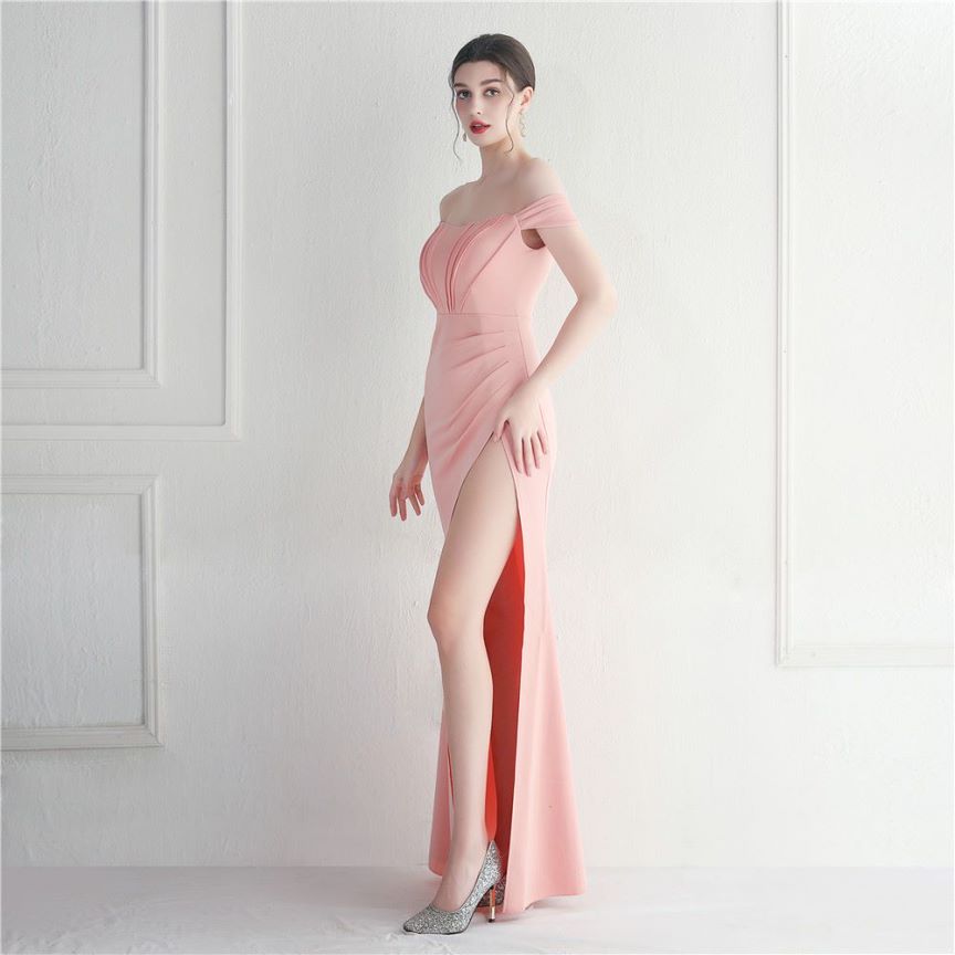 Off Shoulder Fitted with Overlap Slit Evening Gown (Pink) (Made To Order)