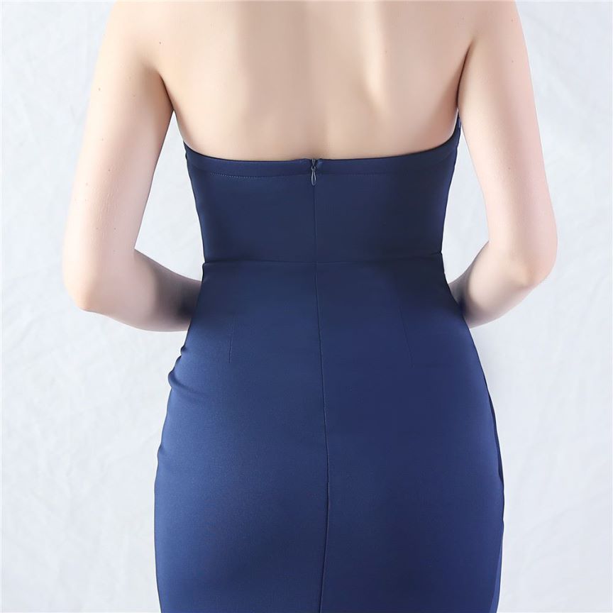 Strapless Corset Overlap Slit Evening Gown (Navy Blue) (Made To Order)