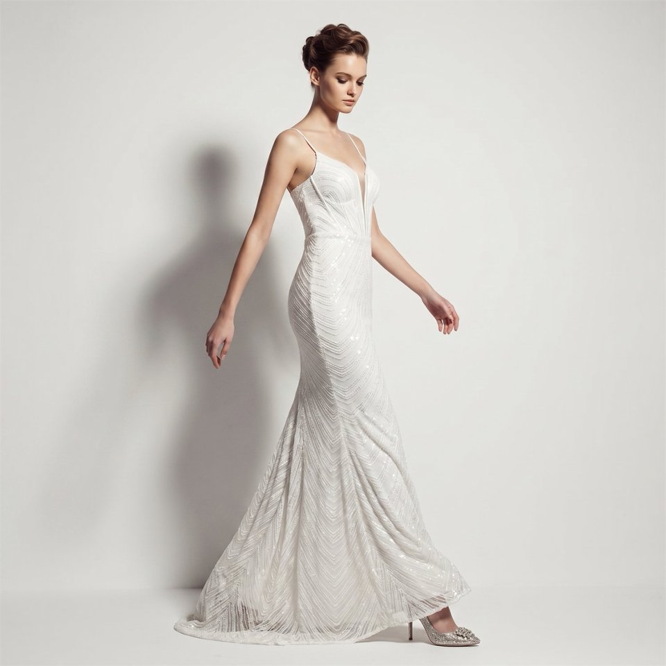 Deep V-Neck Sequin Evening Dress (White) (Made To Order)