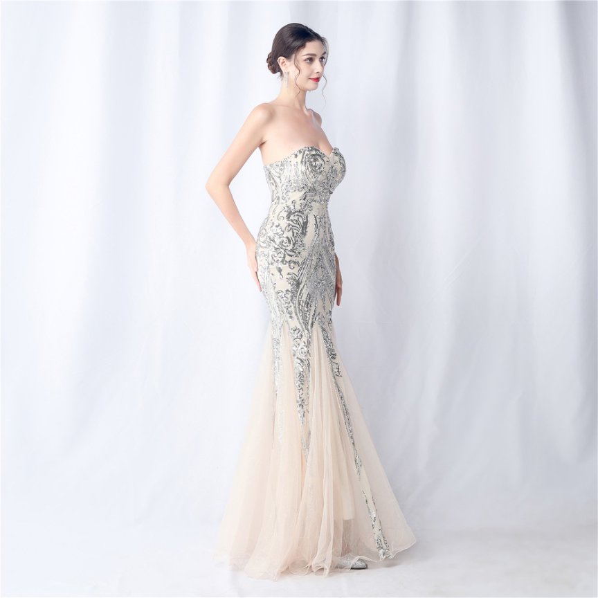 Strapless Sequins Frills Evening Gown (Silver) (Made To Order)